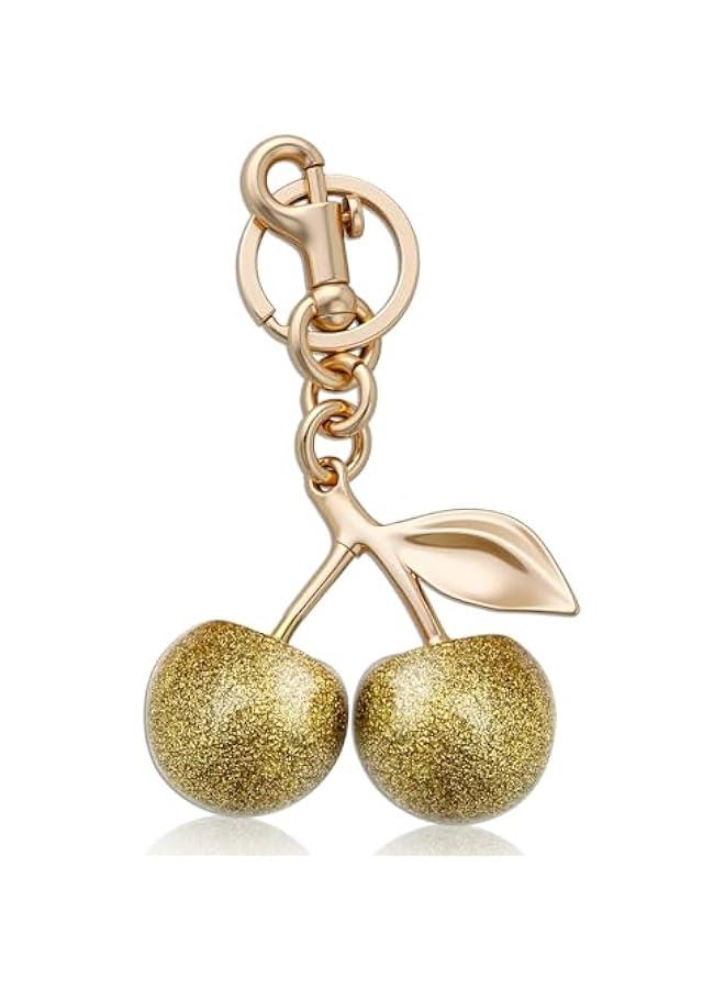 Golden Cherry Keychain for Women, Cute Bag Charm, Handbag Purse Accessory, Stylish Car Key Holder Pendant, Unique Birthday Gift for Her, Girls Charming Key Ring Decoration - Image 1
