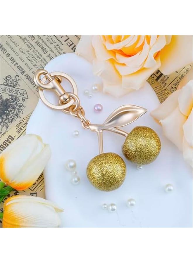 Golden Cherry Keychain for Women, Cute Bag Charm, Handbag Purse Accessory, Stylish Car Key Holder Pendant, Unique Birthday Gift for Her, Girls Charming Key Ring Decoration - Image 3