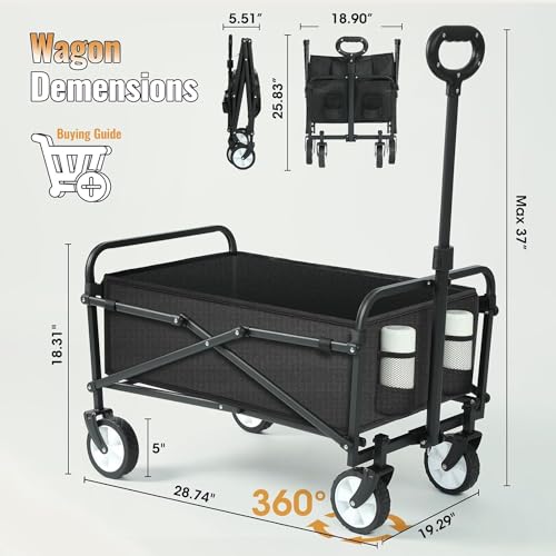 VBM Wagon Cart Foldable, Collapsible Folding Wagon with All-Terrain Wheels & Adjustable Handle, Portable Heavy Duty 200LBS Weight Capacity for Grocery Shopping, Sport, Camping, Garden, Outdoor (Medium) - Image 2