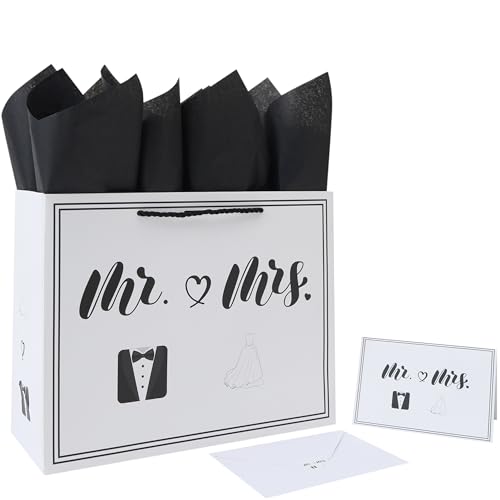 wishinside 13 Large Wedding Gift Bag Set with Handles Greeting Card Tissue Papers and Stickers for Bridal Shower Anniversary Engagement Newlyweds Couple Elegant Mr Mrs Design 1 Pcs - Image 2