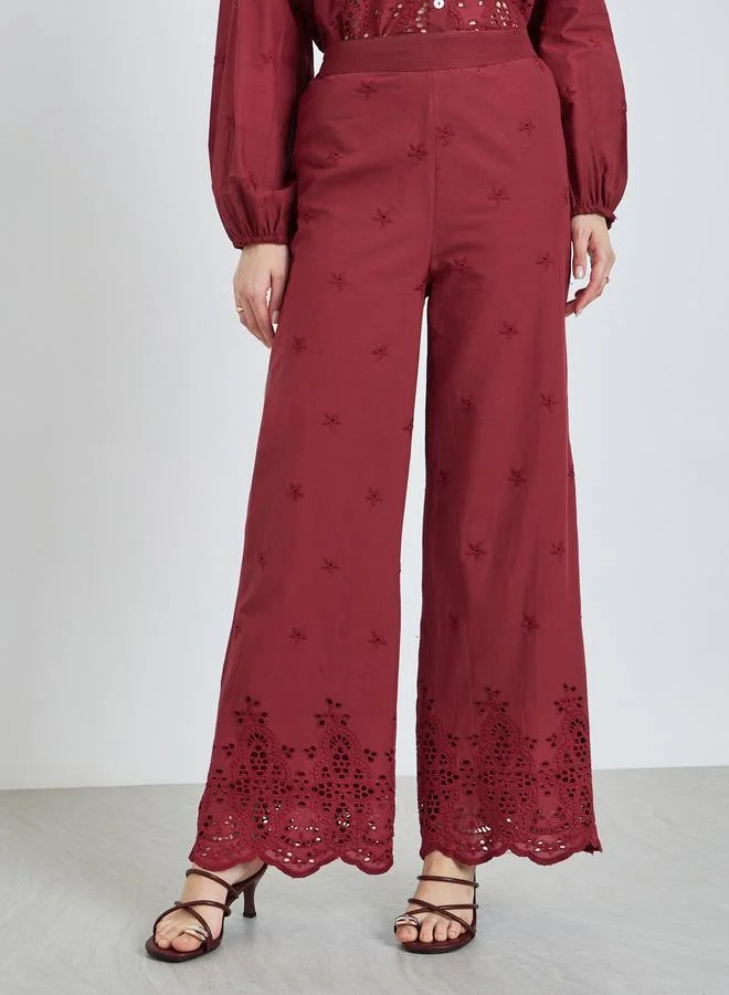 Styli Women Burgundy Schiffli Wide Leg Pants