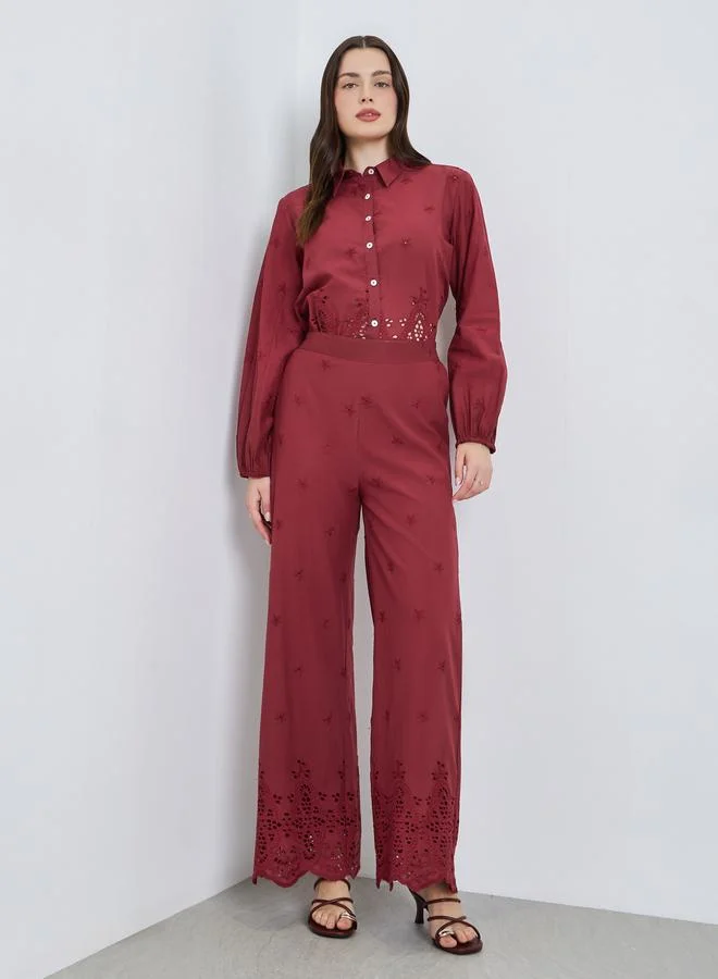 Styli Women Burgundy Schiffli Wide Leg Pants