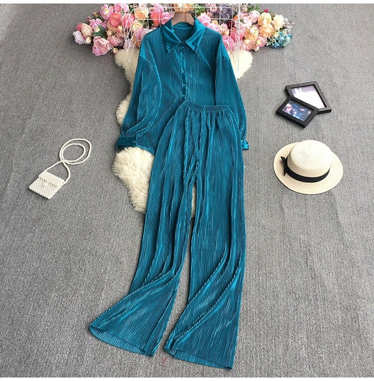 Chic Loose Pleated Shirt Trouser Set Green and Blue