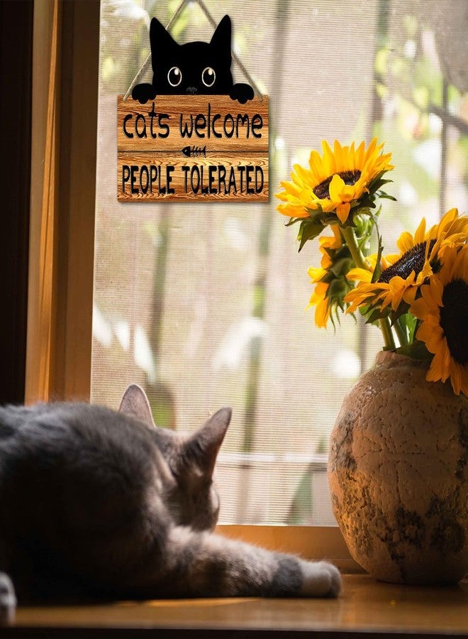 Ykfss Funny Cat Signs Black Cat Welcome Sign Cat Home Decor Gifts For Cat Lovers Cat Gift For Women Cat Wall Art Halloween Black Cat Wooden Hanging Decor Door Sign Cats Welcome People Tolerated Sign - Image 2