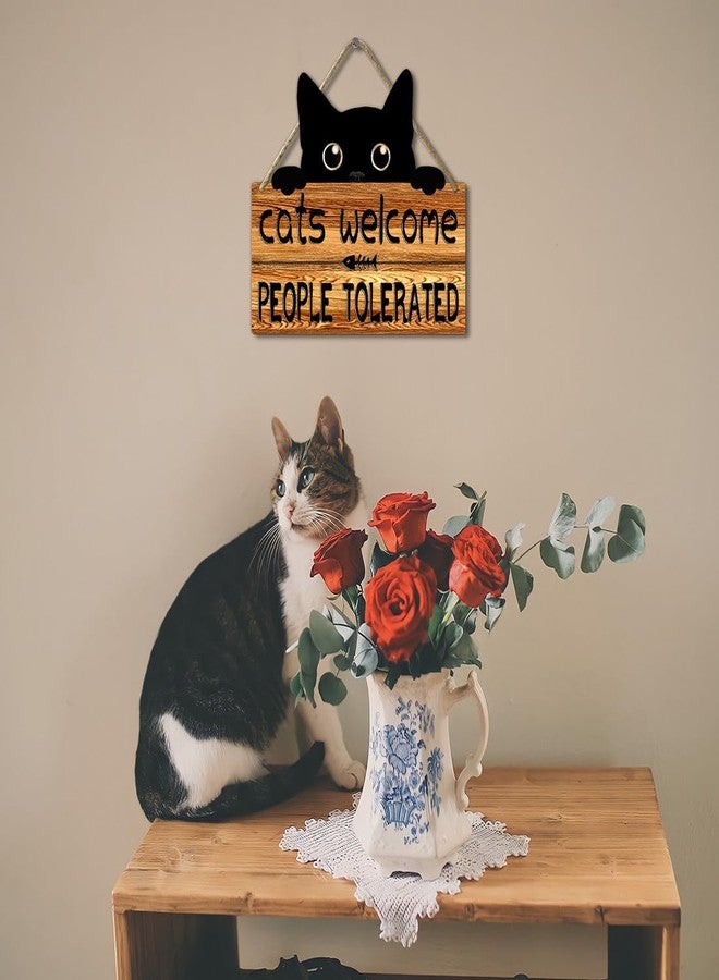 Ykfss Funny Cat Signs Black Cat Welcome Sign Cat Home Decor Gifts For Cat Lovers Cat Gift For Women Cat Wall Art Halloween Black Cat Wooden Hanging Decor Door Sign Cats Welcome People Tolerated Sign - Image 5