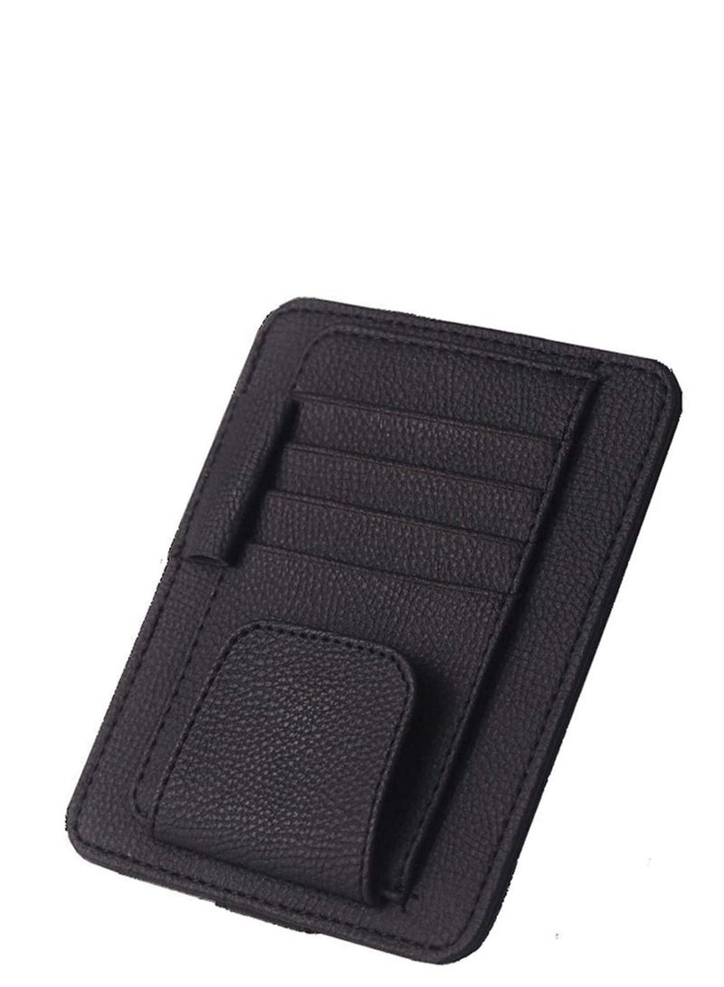 Leather Car Sun Visor Storage Glasses Organizer Bills Wallet Holder Ticket Credit Card Clips Auto-Interior Visor Accessories (Black) - Image 1