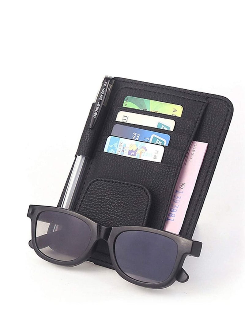 Leather Car Sun Visor Storage Glasses Organizer Bills Wallet Holder Ticket Credit Card Clips Auto-Interior Visor Accessories (Black) - Image 2