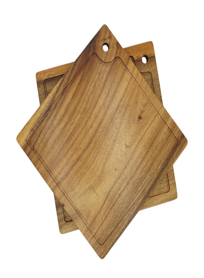 WRIGHTMART Acacia Wood Steak Plates, Square 12" x 12", Set of 2 Durable Joint Free, Cutting and Serving Board Displaying Continuous Grains of Solid Wood, Perfect for Steak Dinner, with Juice Groove - Image 1