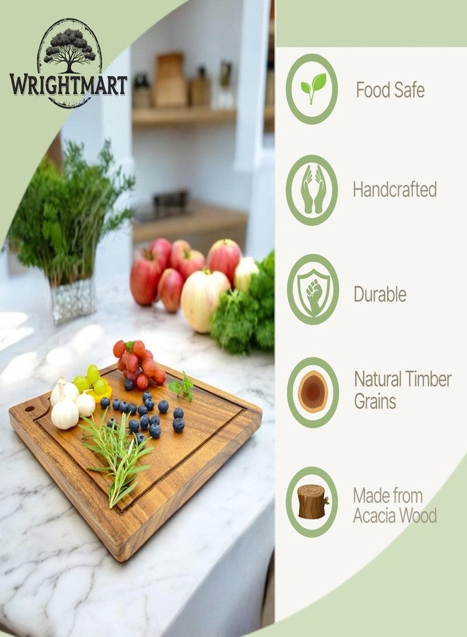 WRIGHTMART Acacia Wood Steak Plates, Square 12" x 12", Set of 2 Durable Joint Free, Cutting and Serving Board Displaying Continuous Grains of Solid Wood, Perfect for Steak Dinner, with Juice Groove - Image 2