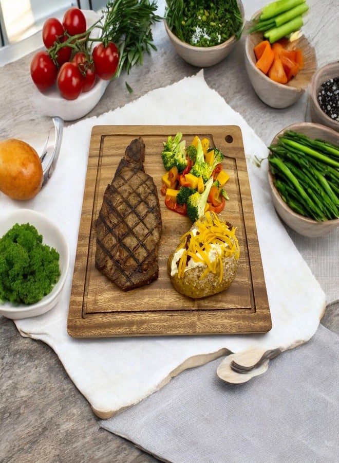 WRIGHTMART Acacia Wood Steak Plates, Square 12" x 12", Set of 2 Durable Joint Free, Cutting and Serving Board Displaying Continuous Grains of Solid Wood, Perfect for Steak Dinner, with Juice Groove - Image 3