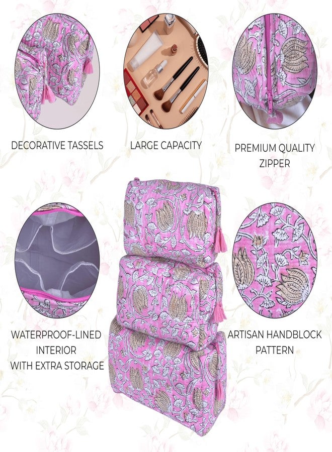 Vivanta Quilted Floral Block Print Makeup Bag Set of 3 – Cotton Travel Toiletry and Makeup Organizer, Cosmetic Pouch, Toiletry Bag for Women, Cute Boho Coquette Make Up Bags for Women (Small, Medium, Large) - Image 4