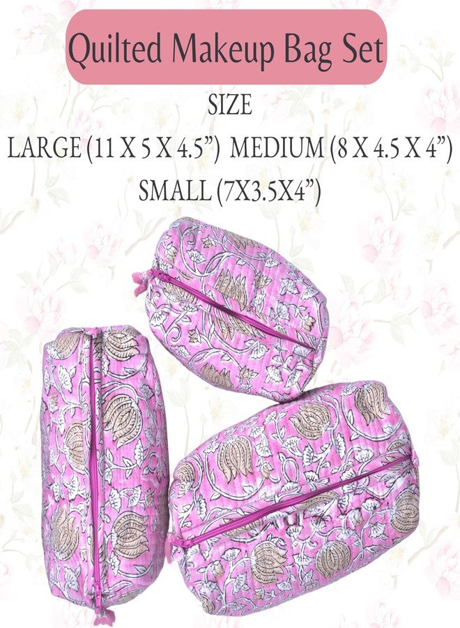 Vivanta Quilted Floral Block Print Makeup Bag Set of 3 – Cotton Travel Toiletry and Makeup Organizer, Cosmetic Pouch, Toiletry Bag for Women, Cute Boho Coquette Make Up Bags for Women (Small, Medium, Large) - Image 2