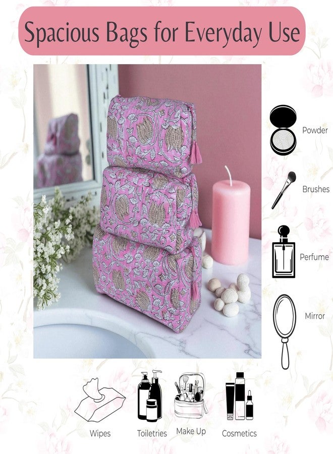 Vivanta Quilted Floral Block Print Makeup Bag Set of 3 – Cotton Travel Toiletry and Makeup Organizer, Cosmetic Pouch, Toiletry Bag for Women, Cute Boho Coquette Make Up Bags for Women (Small, Medium, Large) - Image 3