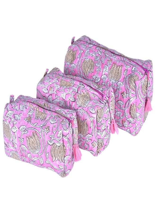 Vivanta Quilted Floral Block Print Makeup Bag Set of 3 – Cotton Travel Toiletry and Makeup Organizer, Cosmetic Pouch, Toiletry Bag for Women, Cute Boho Coquette Make Up Bags for Women (Small, Medium, Large) - Image 1