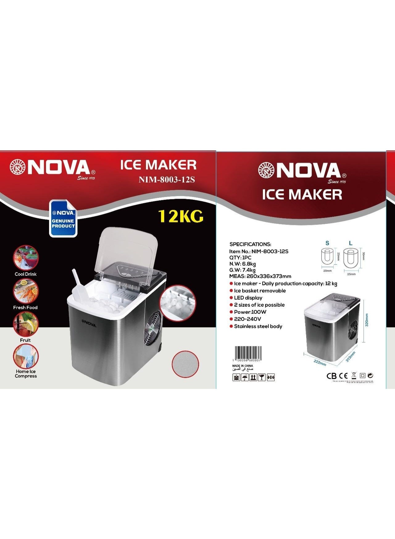 NOVA NIM-8003-12S Ice Maker 12KG Production Compact Ice Machine with Modern LED Display Stainless Steel Housing Removable Basket Dual Ice Sizes Suitable for Kitchen Office and Parties