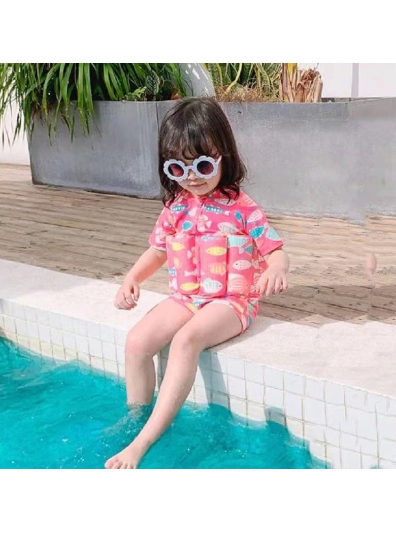 M MIAOYAN Boys and girls one-piece floating water suit cartoon boxer cute baby swimsuit, short-sleeved swimming vest, zipper buoyancy swimsuit + swimming cap  - Image 1