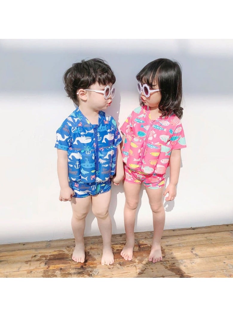 M MIAOYAN Boys and girls one-piece floating water suit cartoon boxer cute baby swimsuit, short-sleeved swimming vest, zipper buoyancy swimsuit + swimming cap  - Image 2