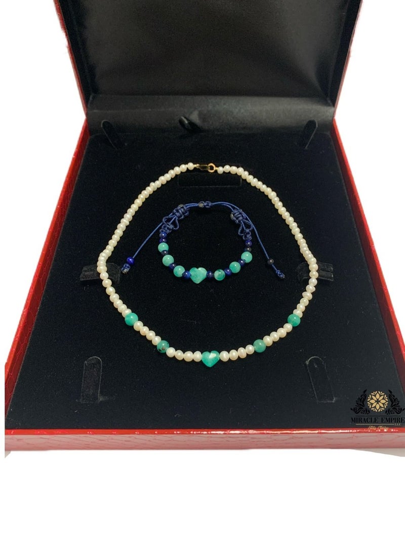 Miracle Empire Unique Exclusive Women Necklace And Girls Bracelet Set Handmade Of Natural 5-7Mm Pearls, 2 Heart Shape 10 Emeralds A 18K Gold Plated Clasp  - Image 2