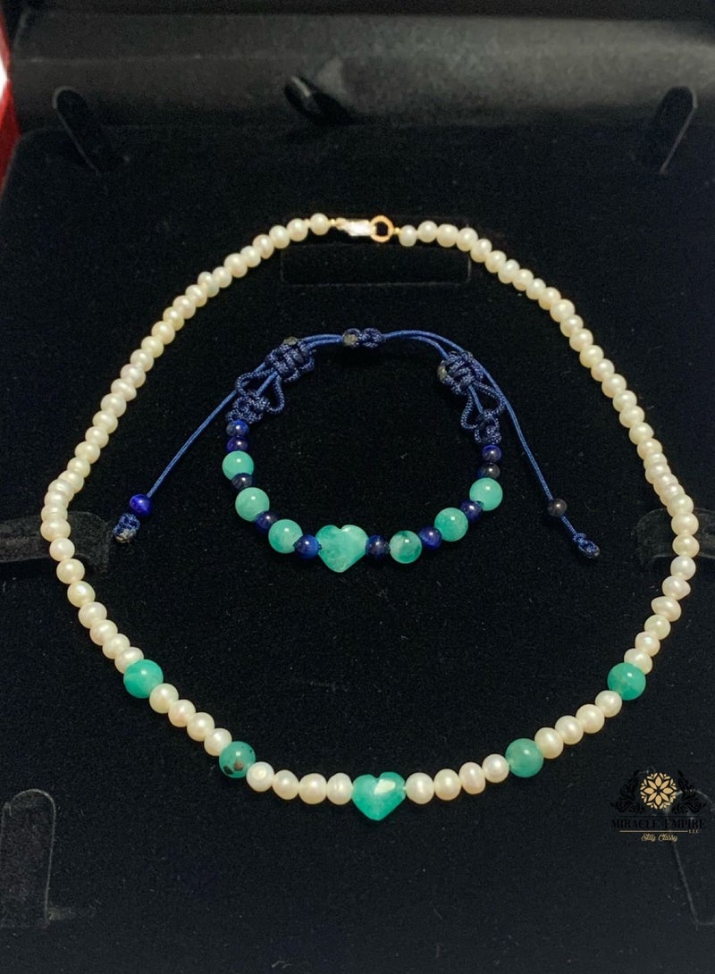 Miracle Empire Unique Exclusive Women Necklace And Girls Bracelet Set Handmade Of Natural 5-7Mm Pearls, 2 Heart Shape 10 Emeralds A 18K Gold Plated Clasp  - Image 1