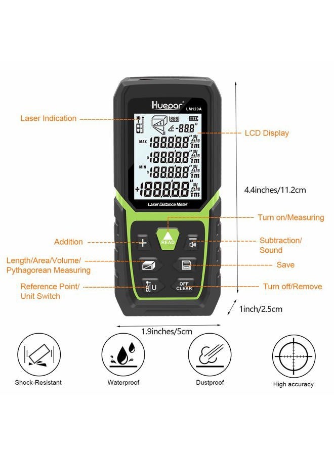 Huepar Laser Distance Meter 393Ft with Li-ion Battery & Electric Angle Sensor, Backlit LCD Laser Measure M/in/Ft with High Accuracy Multi-Measurement Modes, Pythagorean, Distance, Area&Volume - Image 5