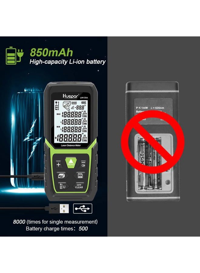 Huepar Laser Distance Meter 393Ft with Li-ion Battery & Electric Angle Sensor, Backlit LCD Laser Measure M/in/Ft with High Accuracy Multi-Measurement Modes, Pythagorean, Distance, Area&Volume - Image 2