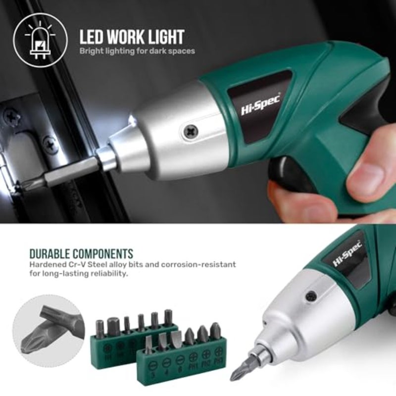Hi-Spec 19pc 3.6V Green USB Small Power Screwdriver and Home DIY Tool Kit Set. Cordless and Rechargeable Electric Screwdriver and Compact Hand Tool Box Set - Image 4