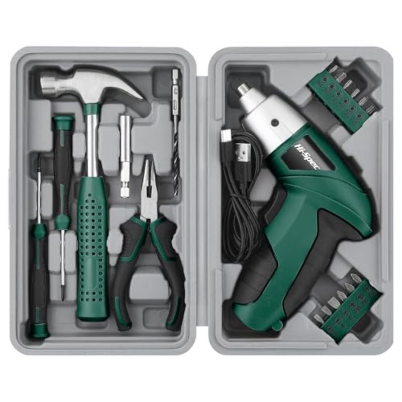 Hi-Spec 19pc 3.6V Green USB Small Power Screwdriver and Home DIY Tool Kit Set. Cordless and Rechargeable Electric Screwdriver and Compact Hand Tool Box Set - Image 1