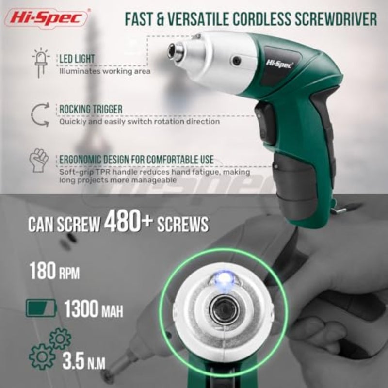 Hi-Spec 19pc 3.6V Green USB Small Power Screwdriver and Home DIY Tool Kit Set. Cordless and Rechargeable Electric Screwdriver and Compact Hand Tool Box Set - Image 3