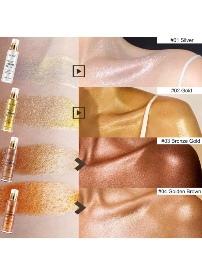 IKZEE Body Shimmer Oil, 100 ML Moisturizing Long Lasting Body Glow Shimmer Lotion for Women, Waterproof Liquid Luminizer, Glitter Oil Highlighter Summer Glowing Makeup (Bronze Gold#03) - Image 4