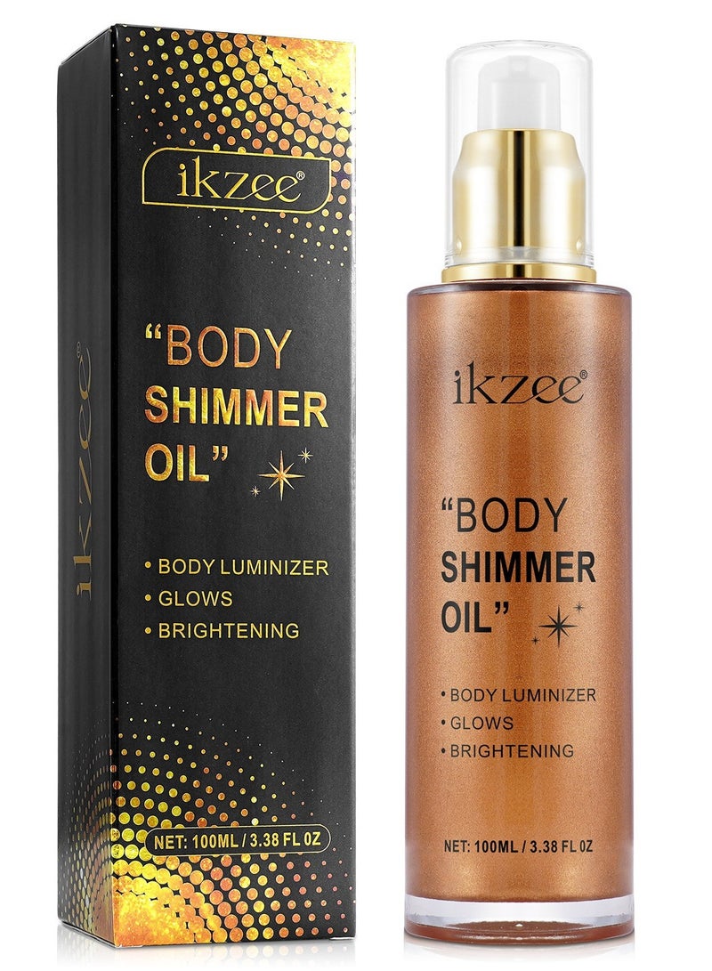 IKZEE Body Shimmer Oil, 100 ML Moisturizing Long Lasting Body Glow Shimmer Lotion for Women, Waterproof Liquid Luminizer, Glitter Oil Highlighter Summer Glowing Makeup (Bronze Gold#03) - Image 1
