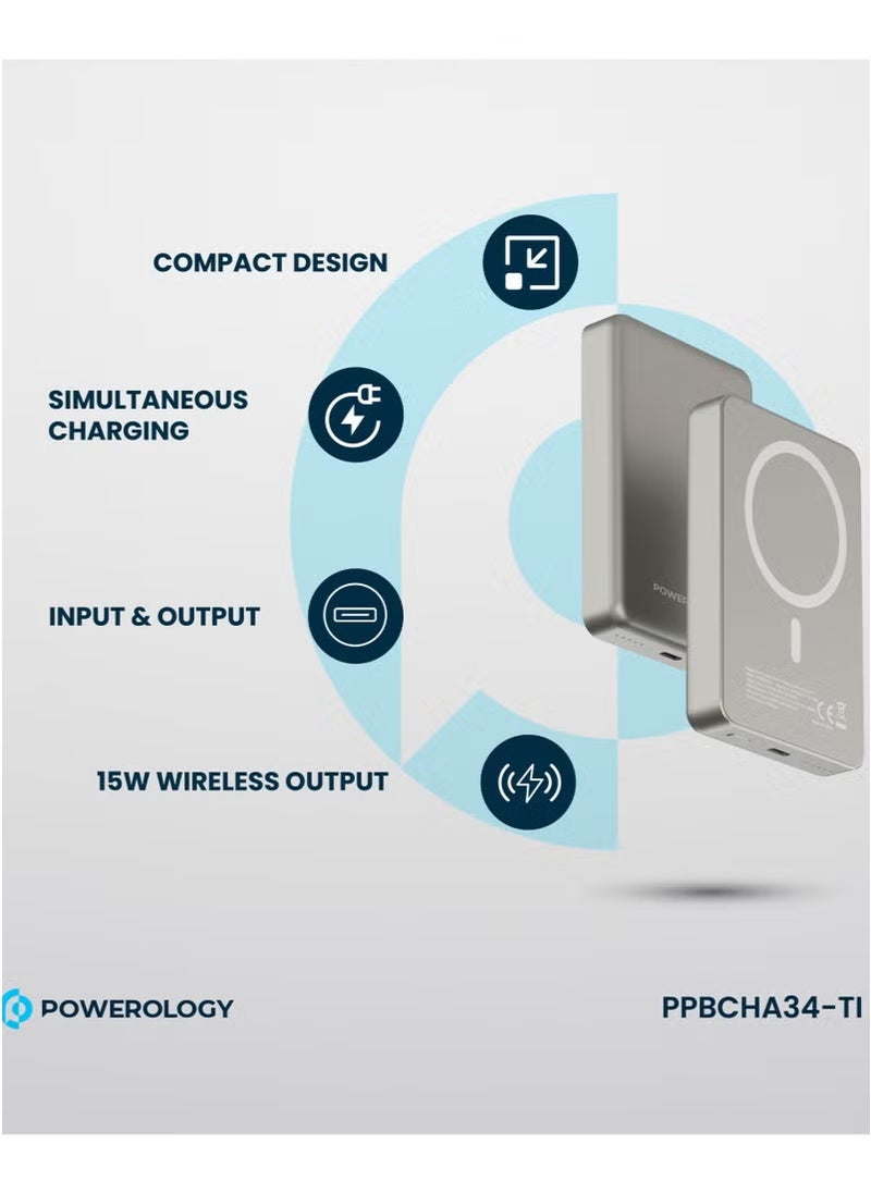 10000mAh MagSafe Power Bank 20W PD & 15W Wireless / Simultaneous Charging / Compact Design / USB-C Output & Input - Titanium