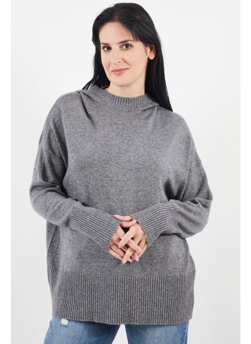 ESPRIT Women Hooded Textured Sweater, Grey  - Image 1