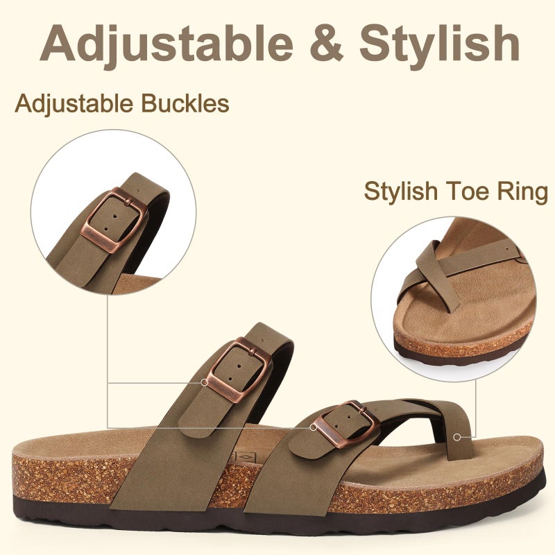 KIDMI Women's Cork Footbed Sandals, Comfortable Summer Slip-On Slides with Adjustable Buckle, Brown 39 - Image 4