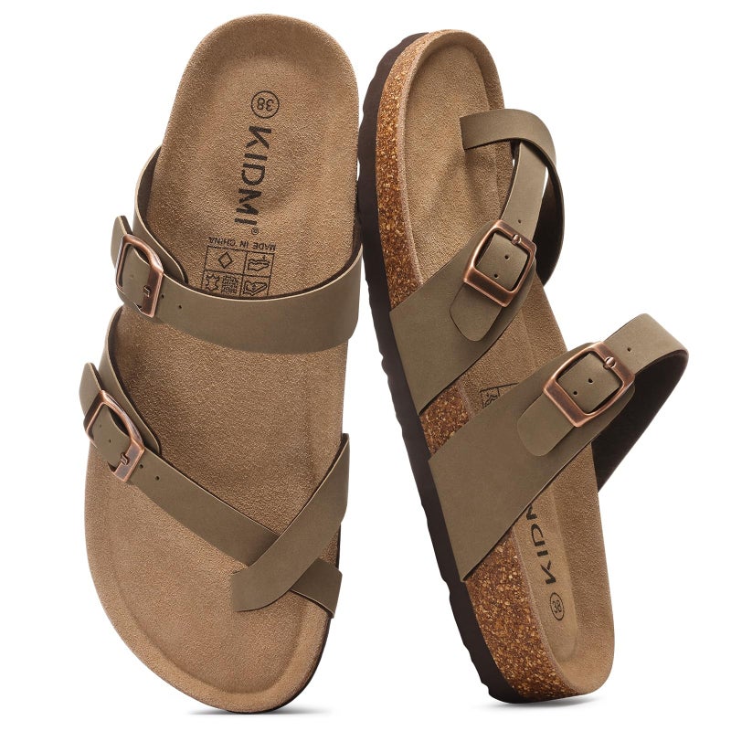 KIDMI Women's Cork Footbed Sandals, Comfortable Summer Slip-On Slides with Adjustable Buckle, Brown 39 - Image 1