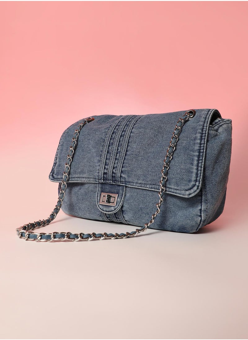 Haute Sauce Solid Magnet Lock Regular Denim Sling Bag For Women  - Image 1