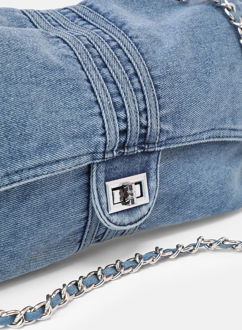 Haute Sauce Solid Magnet Lock Regular Denim Sling Bag For Women