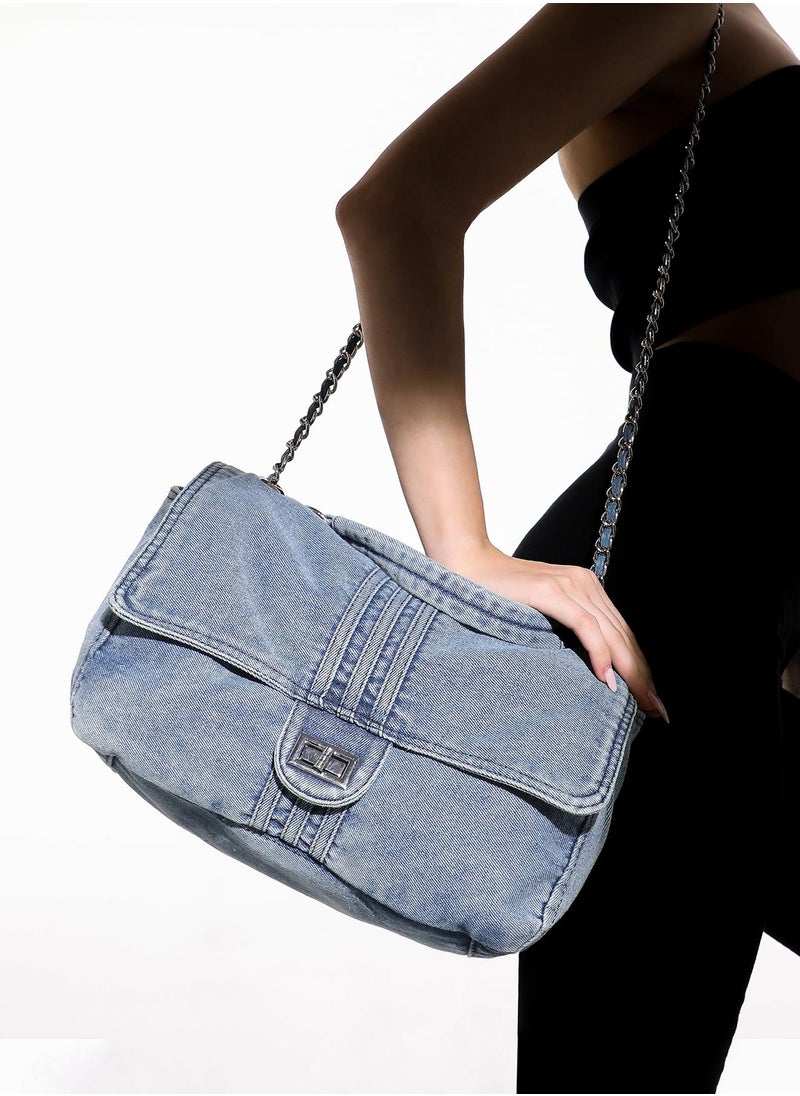 Haute Sauce Solid Magnet Lock Regular Denim Sling Bag For Women  - Image 2