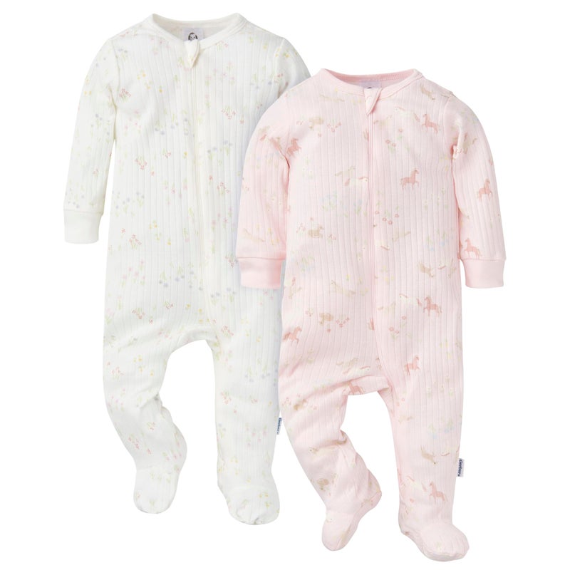 Gerber Baby Unisex 2-Pack 2-Way Zip Textured Sleep 'N Play, Ponies, 6-9 Months - Image 1