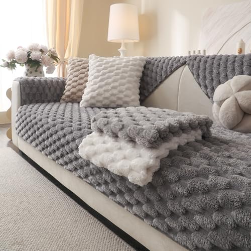 Aucrovee Soft Plush Faux Fur Couch Cover, Fluffy Non Slip Sectional Sofa Covers for 3 Cushion Couch, Furniture Protector Sofa Slipcover(1 PCS 36"x82" Light Grey) - Image 1