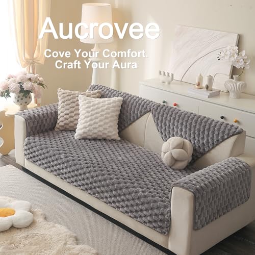 Aucrovee Soft Plush Faux Fur Couch Cover, Fluffy Non Slip Sectional Sofa Covers for 3 Cushion Couch, Furniture Protector Sofa Slipcover(1 PCS 36"x82" Light Grey) - Image 3