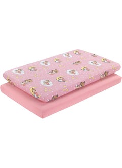 EVERYDAY KIDS 2 Pack n Play Mattress Sheets – 100% Jersey Knit Cotton Soft Portable Crib Mattress Sheet for Girls with Pink and Yellow Precious Moments Design  - Image 1