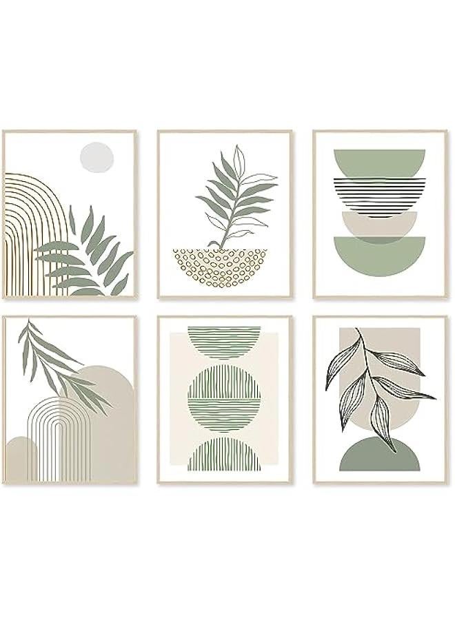 KBKBART Sage Green Boho Wall Art Prints, Abstract Geometric Boho Wall Decor Leaf Sun Moon Line Canvas Art Painting, Minimalist Green Boho Room Decor Posters for Bedroom Gallery Living Room Bathroom Boho Home Decor(8 X 10, Unframed) - Image 1
