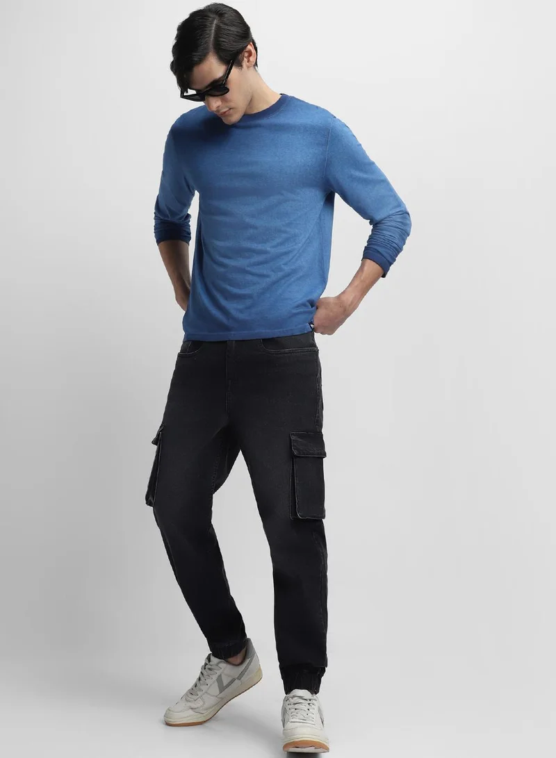 Dennis Lingo Men's Black Cotton Blend Solid Full Length Denim Cargo Jeans