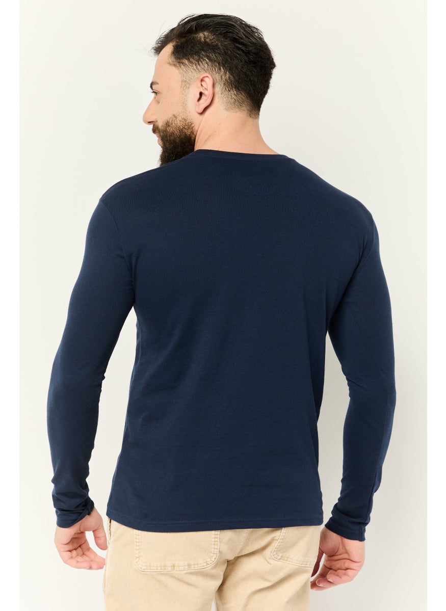 KANGOL - Men Crew Neck Long Sleeves Plain T-Shirt, Navy Blue - Image 1