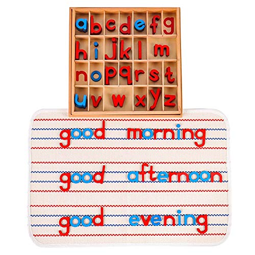 Kghios Montessori Wood Small Movable Alphabet with Box and Large Mat Preschool Spelling Learning Language Materials Toys Red Blue - Image 1