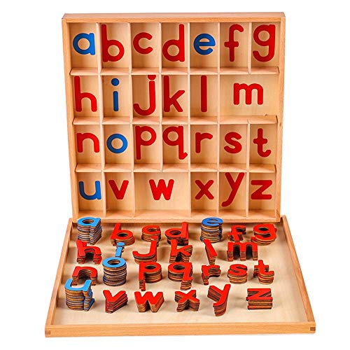 Kghios Montessori Wood Small Movable Alphabet with Box and Large Mat Preschool Spelling Learning Language Materials Toys Red Blue - Image 5