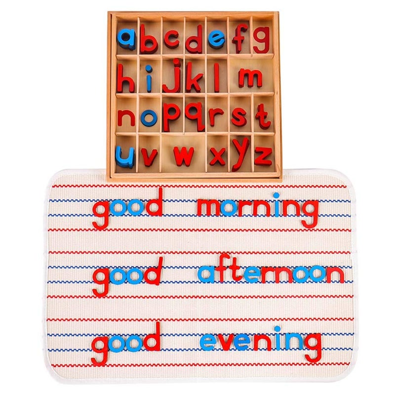 Kghios Montessori Wood Small Movable Alphabet with Box and Large Mat Preschool Spelling Learning Language Materials Toys Red Blue - Image 3