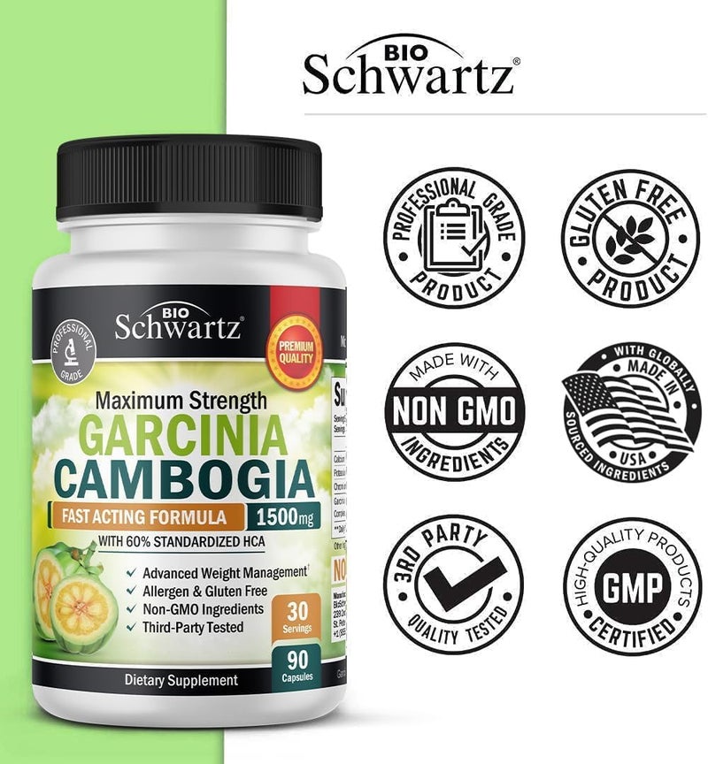 BioSchwartz حبوب خسارة الوزن جارسينية كامبوجيا 1500 ملغ HCA مستخلص نقي  مثبط شهية سريع المفعول  حارق للدهون للنساء والرجال للمساعدة في فقدان الوزن  مثبط للكربوهيدرات  حبوب نظام غذائي  90 كبسولة - Image 5