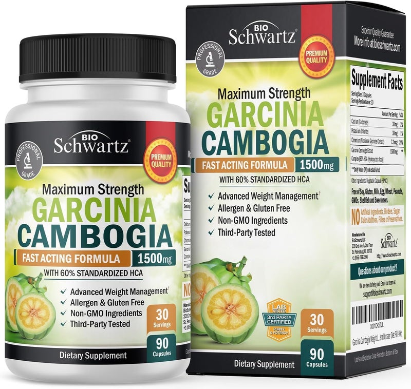BioSchwartz حبوب خسارة الوزن جارسينية كامبوجيا 1500 ملغ HCA مستخلص نقي  مثبط شهية سريع المفعول  حارق للدهون للنساء والرجال للمساعدة في فقدان الوزن  مثبط للكربوهيدرات  حبوب نظام غذائي  90 كبسولة - Image 1