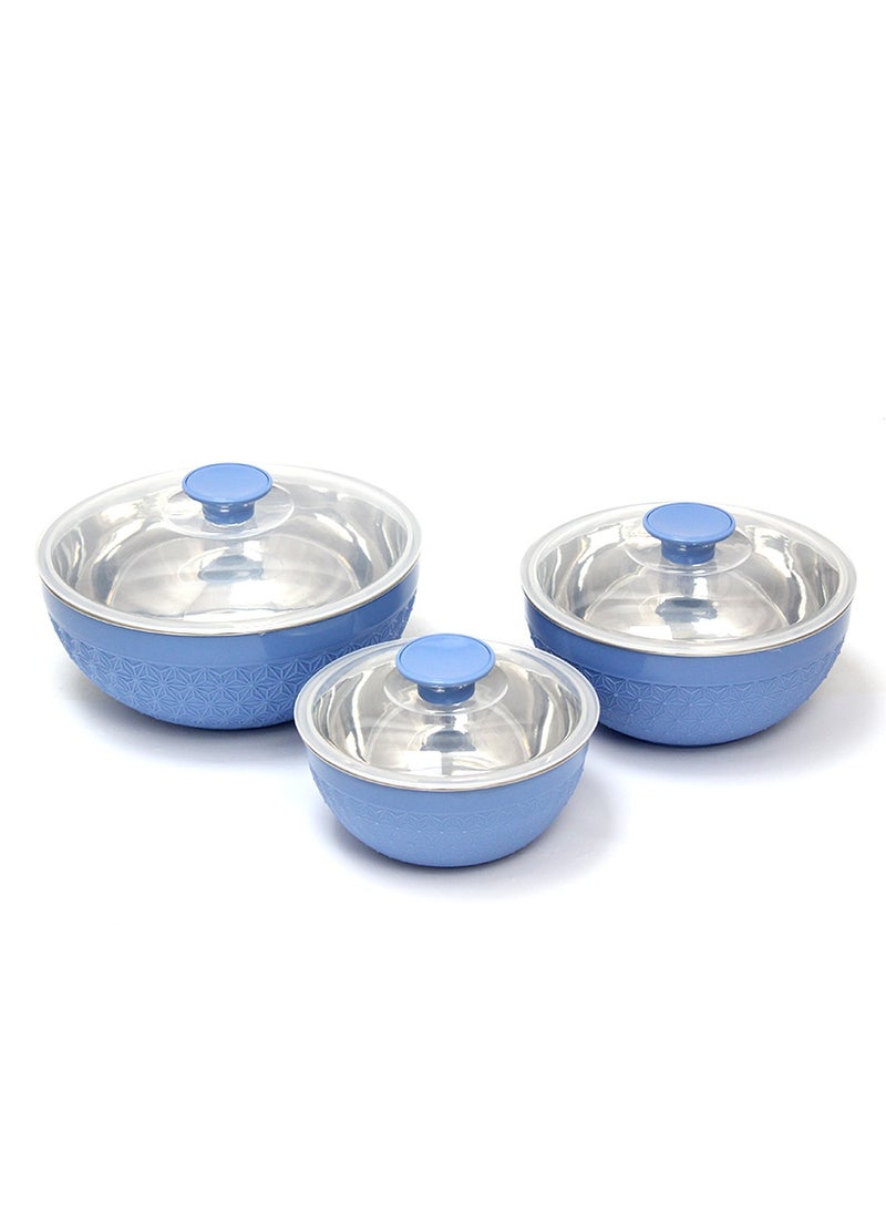 Adore 3pc Mixing Bowl Set Insulated Stainless Steel Inner Durable Plastic Outer with Lid & Knob 600ML,1200ML,1800ML - Blue